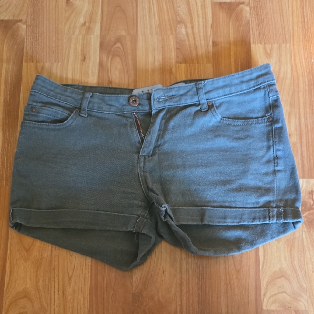 Green Jean Shorts with Rolled Hems and Relaxed Fit